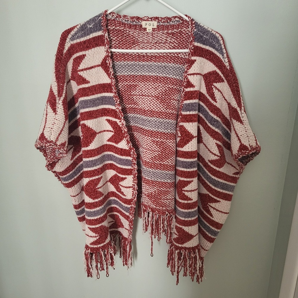 POL Women Medium Open Cardigan Sweater Fringe Boho Hippie Red Cream